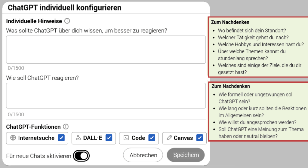 Die Custom Instructions enthalten haben jetzt auch Checkboxen für SearchGPT oder Codegenerierung